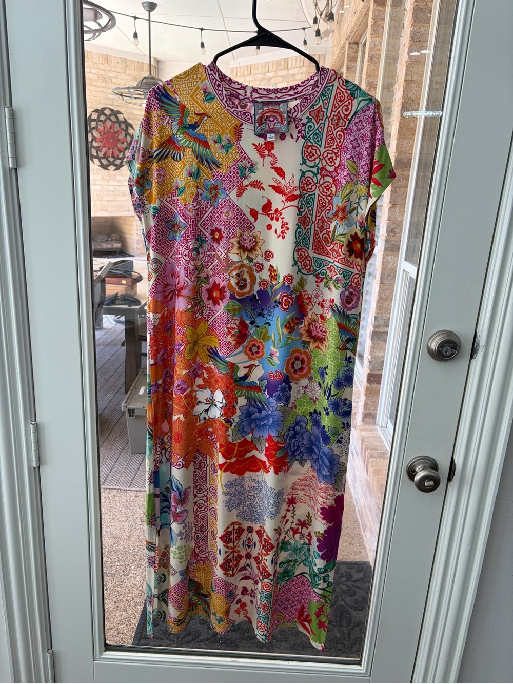Johnny Was L Floral Bird Maxi Dress Multicolor Rayon Stretch Boho